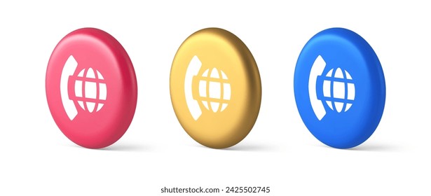 Llamada telefónica internacional global botón de comunicación diálogo del ciberespacio conversación 3d realista oro azul y rosa iconos. Servicio de asesoría digital de conexión telefónica a internet