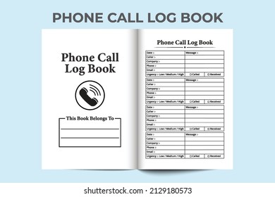 Phone call journal interior template. Phone call incoming and outgoing tracker notebook interior. Interior of a logbook. A business essential phone call and message tracker logbook template.