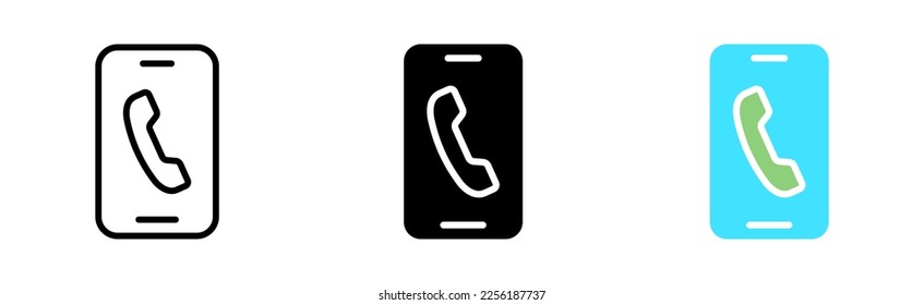 Teléfono con icono de línea de llamada. Llamar, apelar, comunicarse, no disponible, disponible, comunicarse, ayudar, llamar al centro, ayuda. Icono de vector en línea, estilo negro y colorido sobre fondo blanco