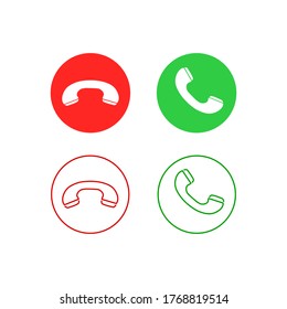 Phone Call Line Icon Set. Accept Call And Decline Button. Green And Red Buttons With Handset Silhouettes. Vector Icons Set Isolated On White Background