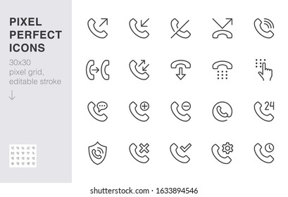 Phone call line icons set. Answer telephone, dial contact, customer service, sms minimal vector illustrations. Simple flat outline sign for web support app. 30x30 Pixel Perfect. Editable Strokes.