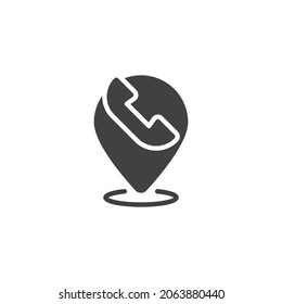 Icono vector de ubicación de llamada telefónica. signo plano relleno para concepto móvil y diseño web. Par de mapa con el icono de glifo de teléfono. Símbolo, ilustración del logotipo. Gráficos vectoriales