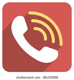 Phone Call long shadow vector icon. Style is a flat symbol on a red rounded square button.