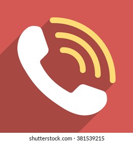 Phone Call long shadow vector icon. Style is a flat light symbol on a red square background.