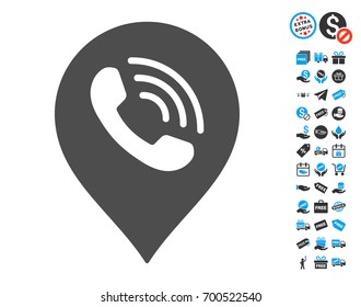 Phone Call Marker grey icon with free bonus pictograms. Vector illustration style is flat iconic symbols.