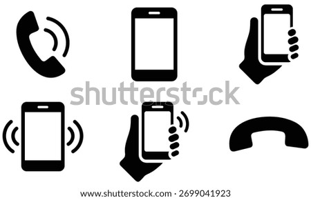 Phone call and mobile icons set showing handset, smartphone, incoming and outgoing call symbols for contact and calling actions.