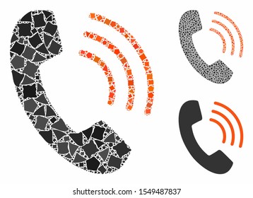 Phone call mosaic of humpy parts in variable sizes and color tinges, based on phone call icon. Vector abrupt parts are united into collage. Phone call icons collage with dotted pattern.