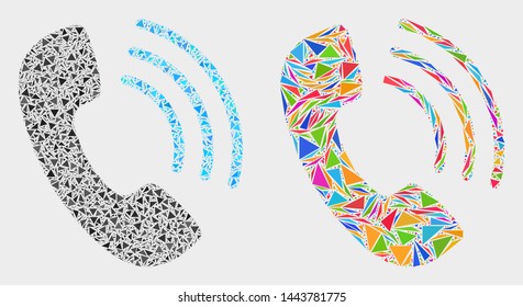 Phone call mosaic icon of triangle items which have various sizes and shapes and colors. Geometric abstract vector design concept of phone call.