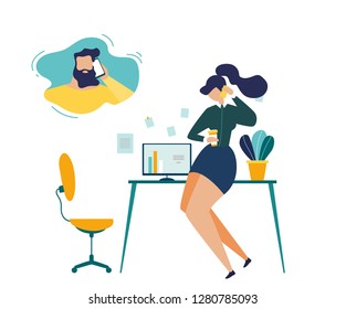 Phone Call from Office Flat Vector Concept. Businesswoman Talking with Partner on Phone, Female Employee Calling Husband During Break in Office, Company Manager Making Call to Client Illustration