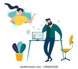 Phone Call from Office Flat Vector Concept. Businessman Talking with Woman on Phone, Employee Calling Wife During Break in Office, Company Manager Making Call to Client Illustration. Customer Support