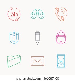 Phone call, pencil and mail icons. Search, 24h support and folder linear signs. Hourglass, magnet energy flat line icons. Linear colored icons.