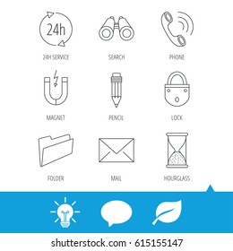 Phone call, pencil and mail icons. Search, 24h support and folder linear signs. Hourglass, magnet energy flat line icons. Light bulb, speech bubble and leaf web icons. Vector