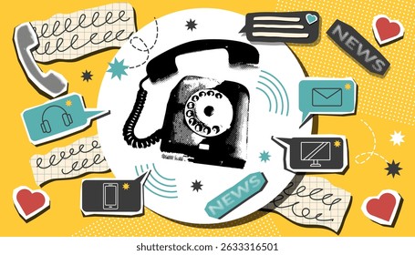 Phone call retro collage banner in pop art style. Concept of technology, connection, communication, talking, gadgets and information transfer. Vector trendy background.