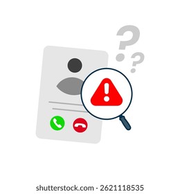 Phone call scam detection alert illustration. suspicious account, magnifying glass, and warning exclamation mark. Concept for fraud prevention, phishing alert, caller ID security, and warning