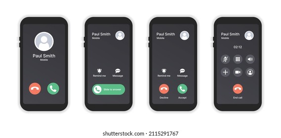 Phone call screen interface collection. Mobile phone display. Vector illustration.