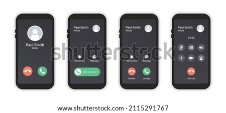 Phone call screen interface collection. Mobile phone display. Vector illustration.