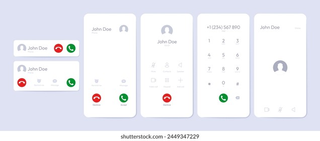 Phone call screen template. Mobile smartphone with touchscreen dialing and answering interface, smartphone app UI mockup. Vector set