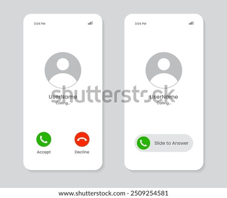 Phone call screen Ui interface set. Accept button, reject button. Incoming call. Interface for incoming Call. New Call screen template. Web app display template. Realistic mobile mockup