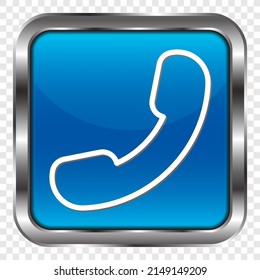 Phone, call simple icon. Flat design. Metal, blue square button. Transparent grid.ai