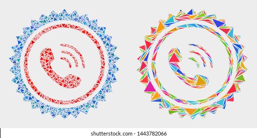 Phone call stamp seal mosaic icon of triangle items which have various sizes and shapes and colors. Geometric abstract vector illustration of phone call stamp seal.