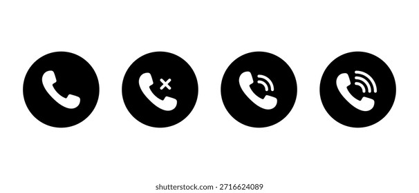 Ícone de status de telefonema definido em círculo preto. Símbolo de fone tocando