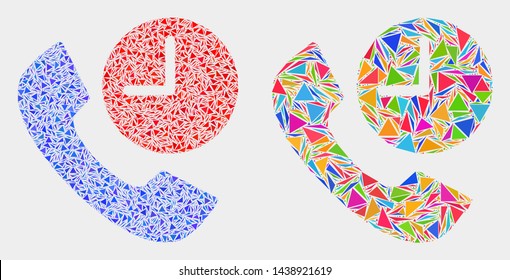 Phone call time collage icon of triangle elements which have different sizes and shapes and colors. Geometric abstract vector illustration of phone call time.