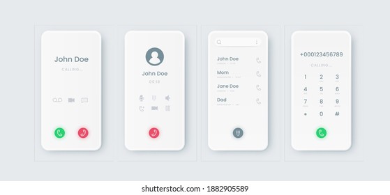 Phone call UI. Incoming touchscreen interface mockup with dial. Communication smartphone application display design with phone book and numbers or buttons. Modern mobile screens templates, vector set - Shutterstock ID 1882905589