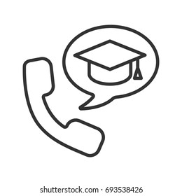 Phone call to university linear icon. Thin line illustration. Handset with student's graduation cap inside speech bubble. Contour symbol. Vector isolated outline drawing