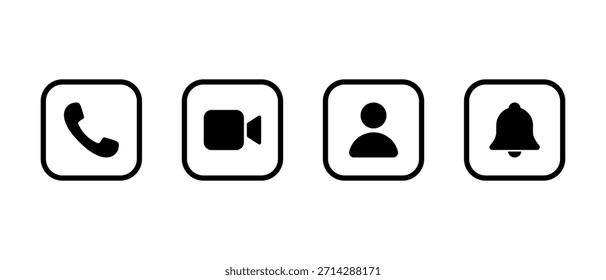 Telefonanruf, Videokamera, Benutzerprofil und Benachrichtigungsglocken-Symbol in quadratischer Umrisslinie