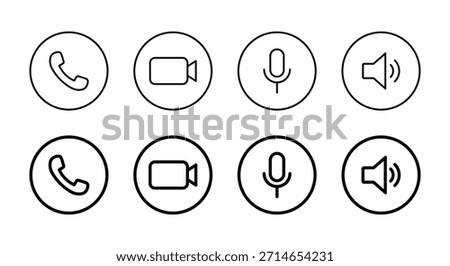 Phone call, video, microphone, and speaker outline icon in circular line. Handset, camera, mic, and volume symbol