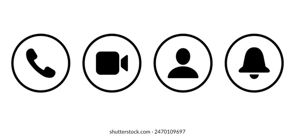 Phone call, video, profile, and notification bell icon on circle line. Social media elements