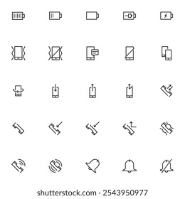 Telefonema, alertas de carregamento e ícones de interface de notificações Ilustração do vetor. Inclui símbolos para bateria, alertas, chamadas, bate-papo, mensagens, mudo, vibrações e status de energia.