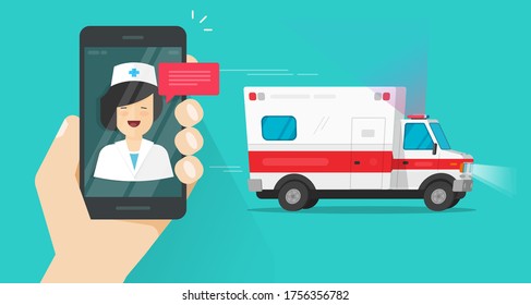 Phone calling emergency doctor online near ambulance car vehicle vector flat cartoon, mobile smartphone medical auto assistance service and physician talking call, idea of medicine help