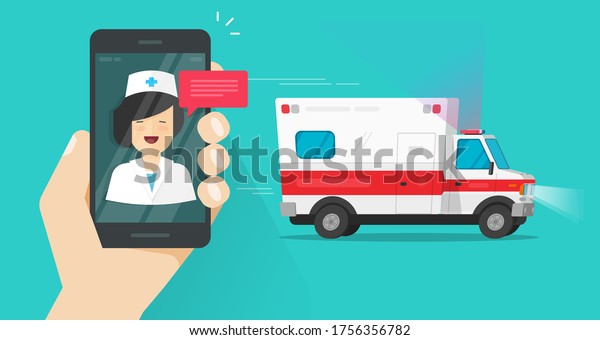 Phone\
calling emergency doctor online near ambulance car vehicle vector\
flat cartoon, mobile smartphone medical auto assistance service and\
physician talking call, idea of medicine\
help
