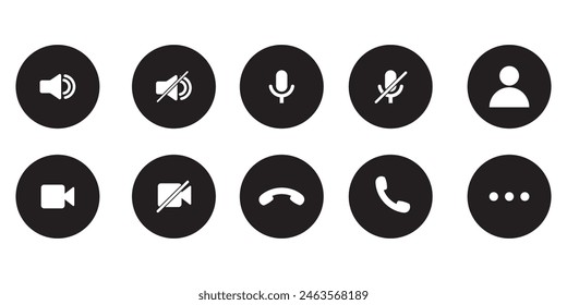 Phone calling icon set. Streaming icon set. Video call buttons set. Collection of internet conversation buttons. Camera, handset, microphone, speaker, message, and profile vector