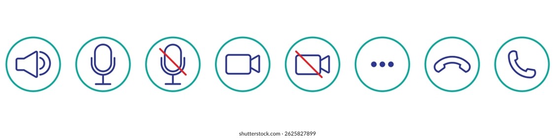 Phone calling icon set. Streaming icon set. Video call buttons set. Collection of internet conversation buttons. A set of video communication elements. Stock vector