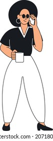 Phone calling young woman in sunglasses with cup of coffee