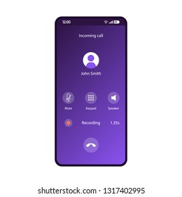 Phone calls app smartphone interface vector template. Mobile application page purple design layout. Incoming call, voice recording on screen. Mute, keypad, speaker buttons on display. Flat gradient UI