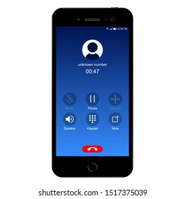 Phone calls screen interface, call and talk template, black smartphone on isolated background, vector illustration