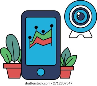 A phone with a camera app on it is next to a potted plant. The phone is displaying a graph on its screen