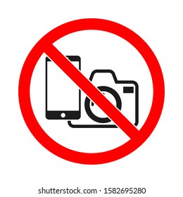 Phone and camera forbidden vector sign. No phone, no camera sign on white background. No photo sign isolated