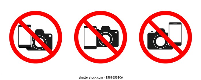 Phone and camera forbidden vector sign. No phone, no camera sign on white background. Set of no photo signs isolated