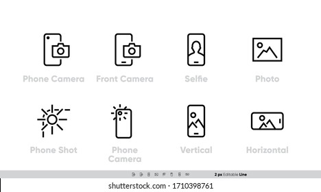 Phone Camera, Front And Back Lens Icon Set. Selfie, Shot, Vertical, Horizontal Photo. Editable Line Vector On White Background