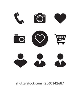 phone camera heart love cart and user profile avatar icon vector art flat design elements background collection set