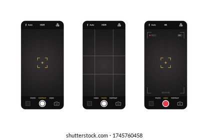 Phone camera interface. Mobile app application. Photo and video shooting. Vector illustration graphic design.