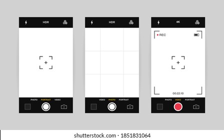 Phone camera interface vertical view. Mobile app application. Photo and video shooting. Vector illustration graphic design.