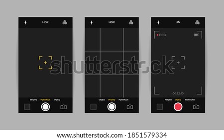 Phone camera interface vertical view. Mobile app application. Photo and video shooting. Vector illustration graphic design.