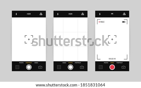 Phone camera interface vertical view. Mobile app application. Photo and video shooting. Vector illustration graphic design.