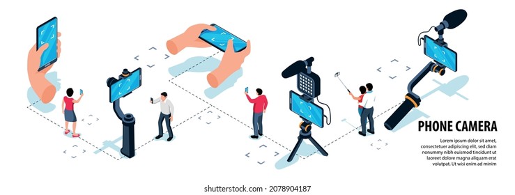 Phone camera isometric infographics with people using smartphone camera for selfie video and photo shooting vector illustration