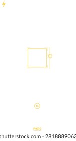 Phone camera ui screen frame. Mobile application interface with flash, hdr and timer icons, focus square, zoom buttons and shutter ring. Vertical smartphone photo screen template